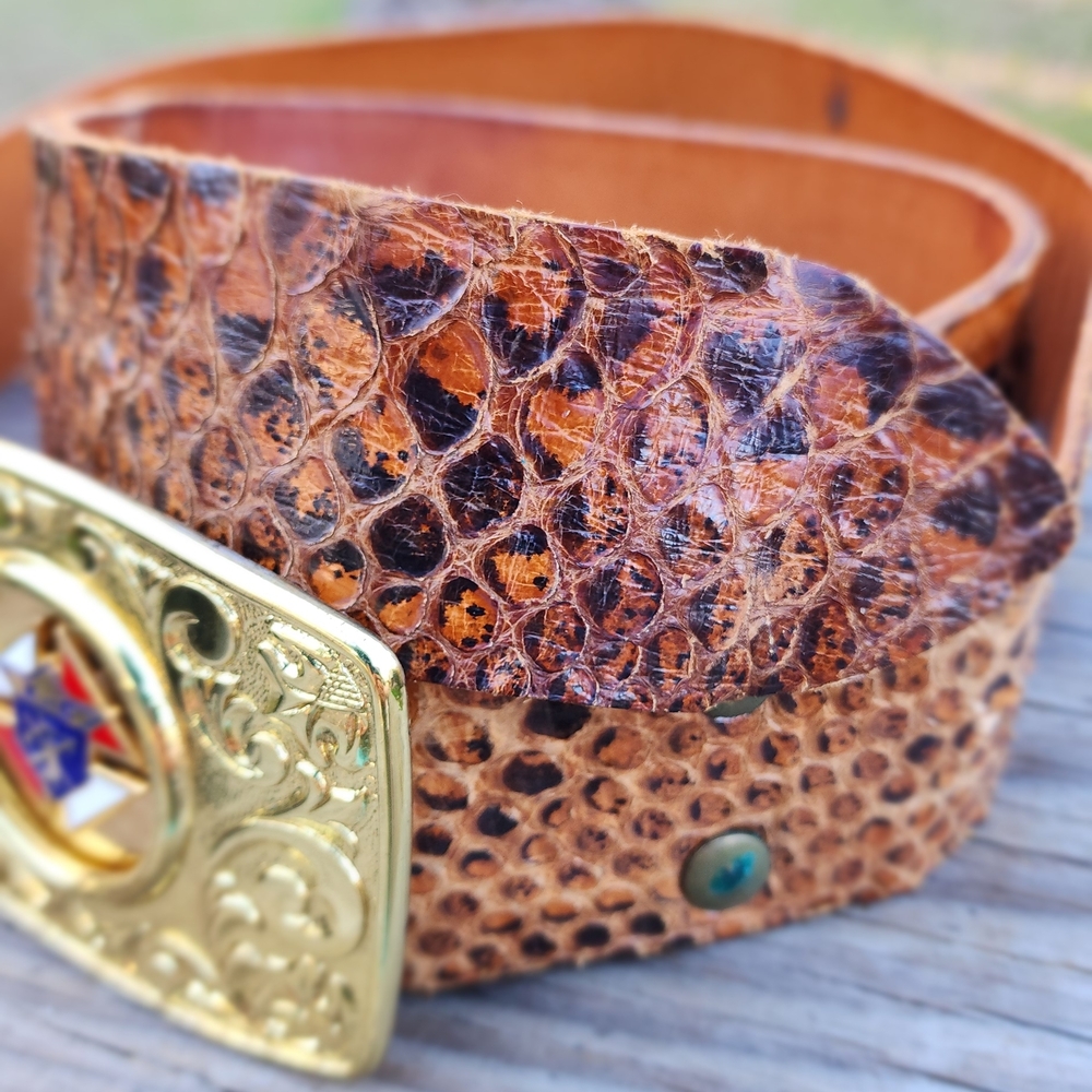 Python Leather Western Belt with K of C With Brass Buckle - Picture 5 of 10